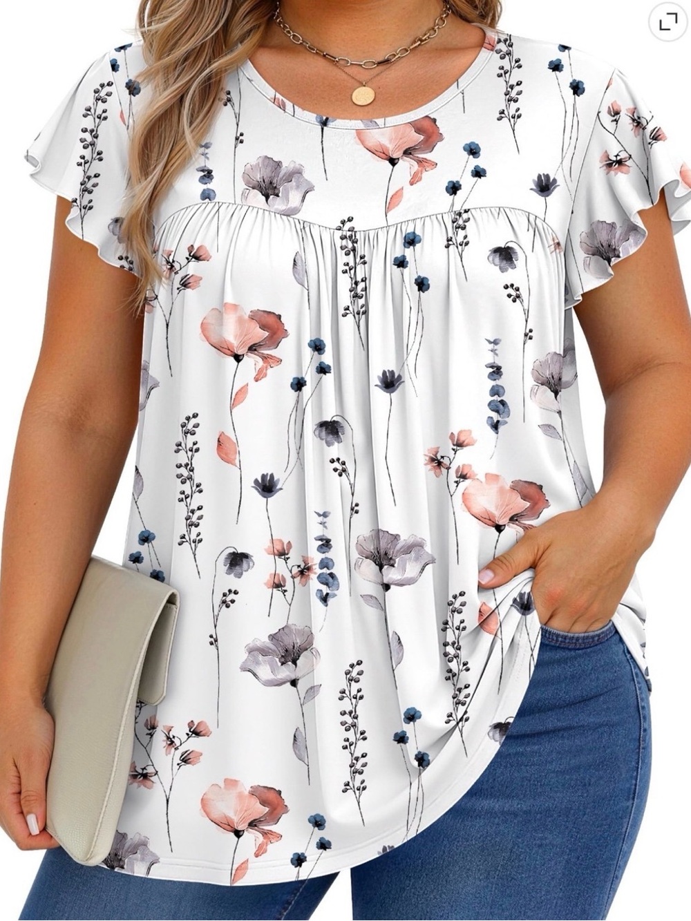 Fantaslook Women’s Floral Flutter Sleeve Blouse – White, XL, New with Tags